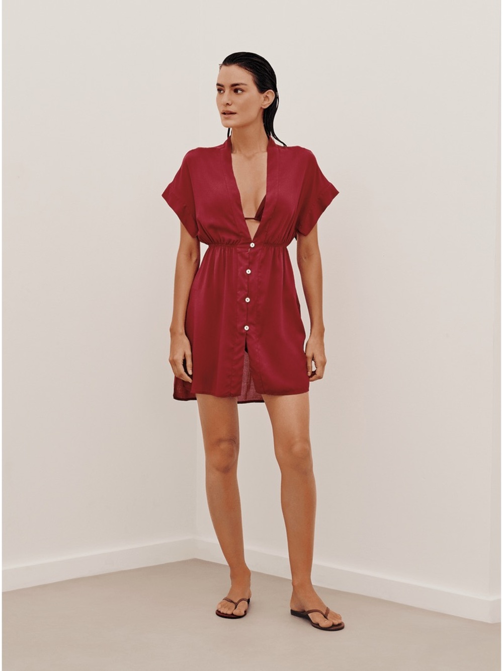 Plunge Button-Front Swim Coverup in Wine
